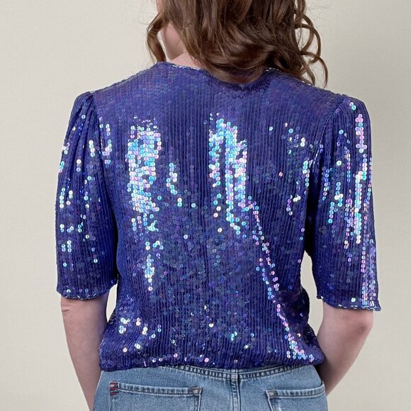 Vintage Silk Sequin Beaded Iridescent Puff Pleated Short Sleeve Button Up Blouse - Picture 2 of 8